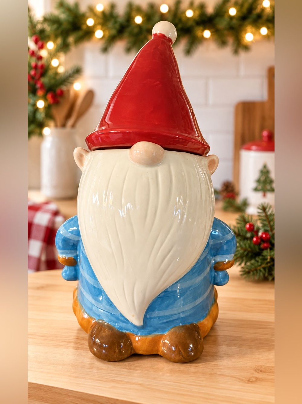 Holiday Time Ceramic Christmas Gnome Cookie Jar with Box